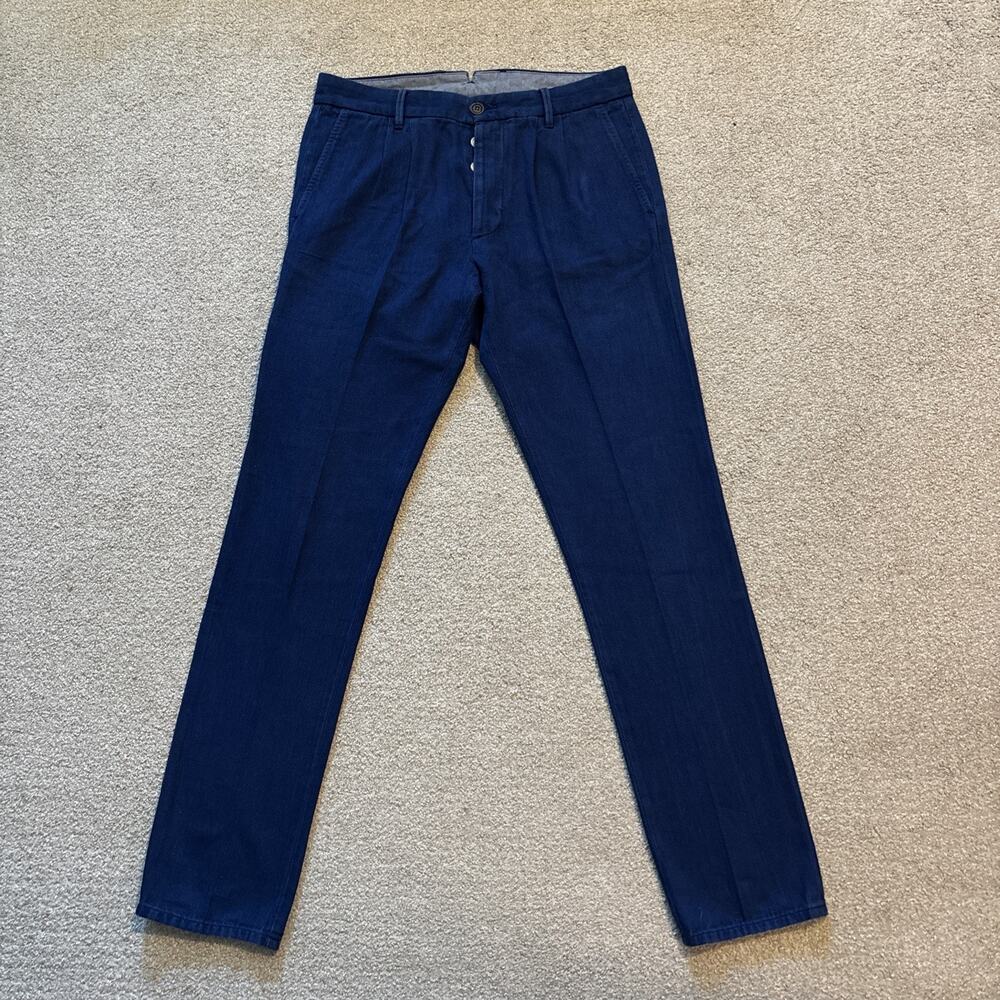 Fortela New Pence Blue Selvedge Pleated Trousers Chino Sz 31/33 Italy Japan